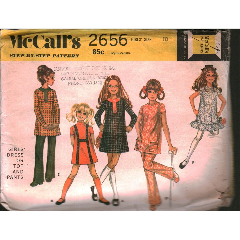 Vintage 1970 McCalls 2656 Girls Dress Top Pants Sewing Pattern Size 10 Retro